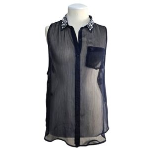 Abercrombie & Fitch Navy Sheer Sleeveless Pearl Rhinestone Collar Shirt Size M